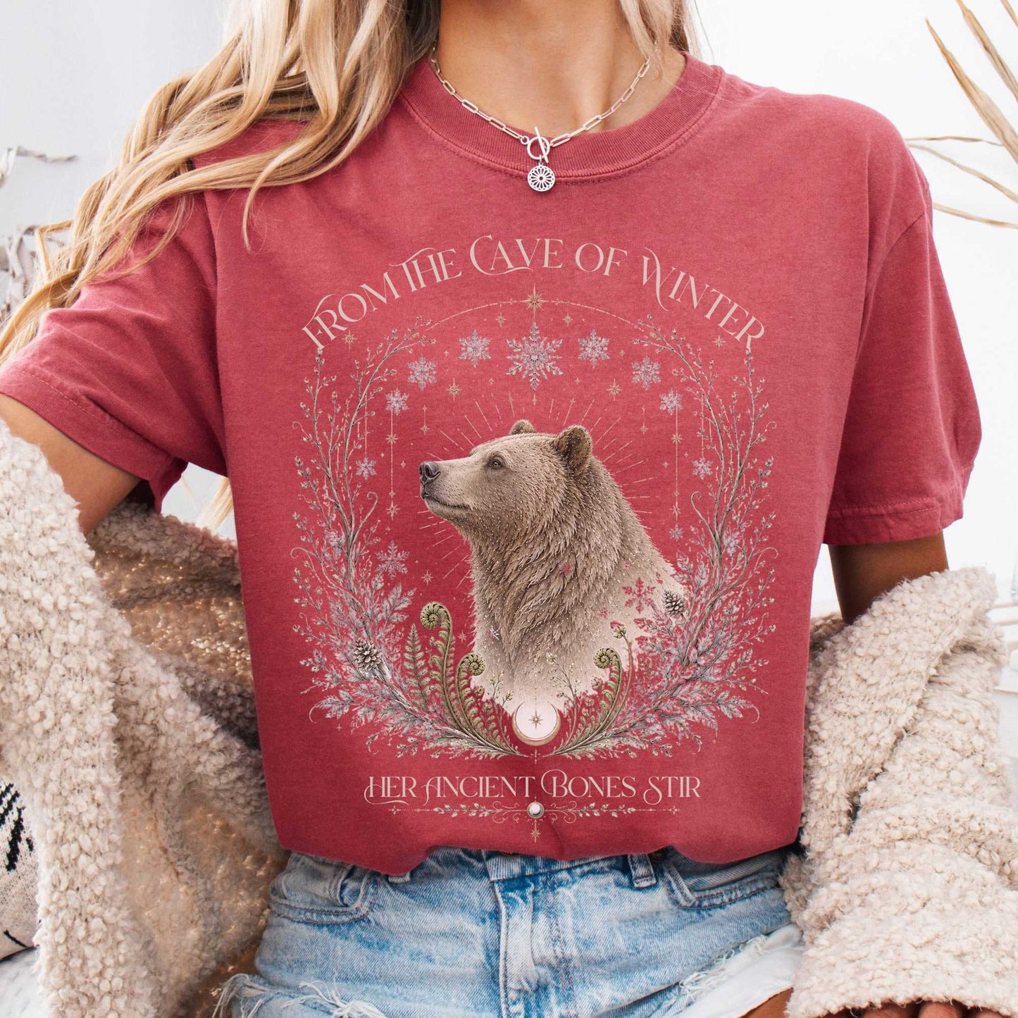 T-Shirt Crimson / S From the Cave of Winter Her Ancient Bones Stir T-Shirt The Mystic Eden