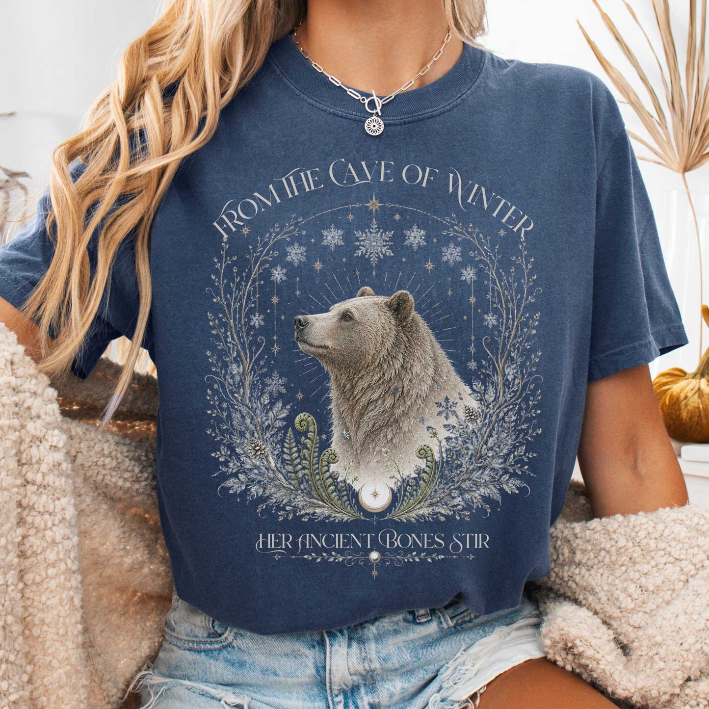T-Shirt Denim / S From the Cave of Winter Her Ancient Bones Stir T-Shirt The Mystic Eden