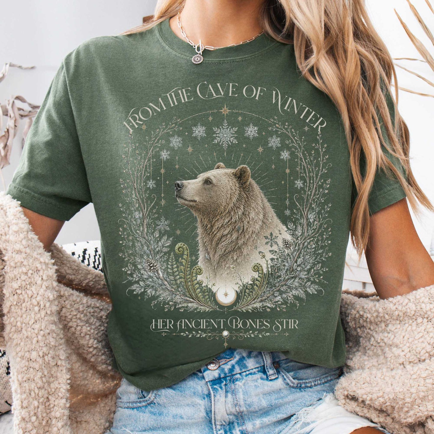 T-Shirt Moss / S From the Cave of Winter Her Ancient Bones Stir T-Shirt The Mystic Eden