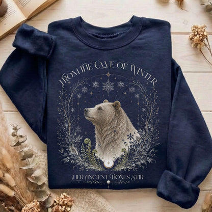 From the Cave of Winter Her Ancient Bones Stir Sweatshirt