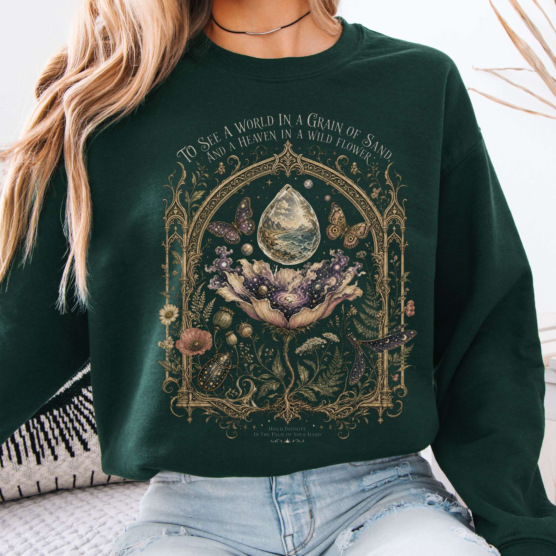 Sweatshirt Forest Green / S To See a World in a Grain of Sand William Blake Literary Crewneck Sweatshirt The Mystic Eden