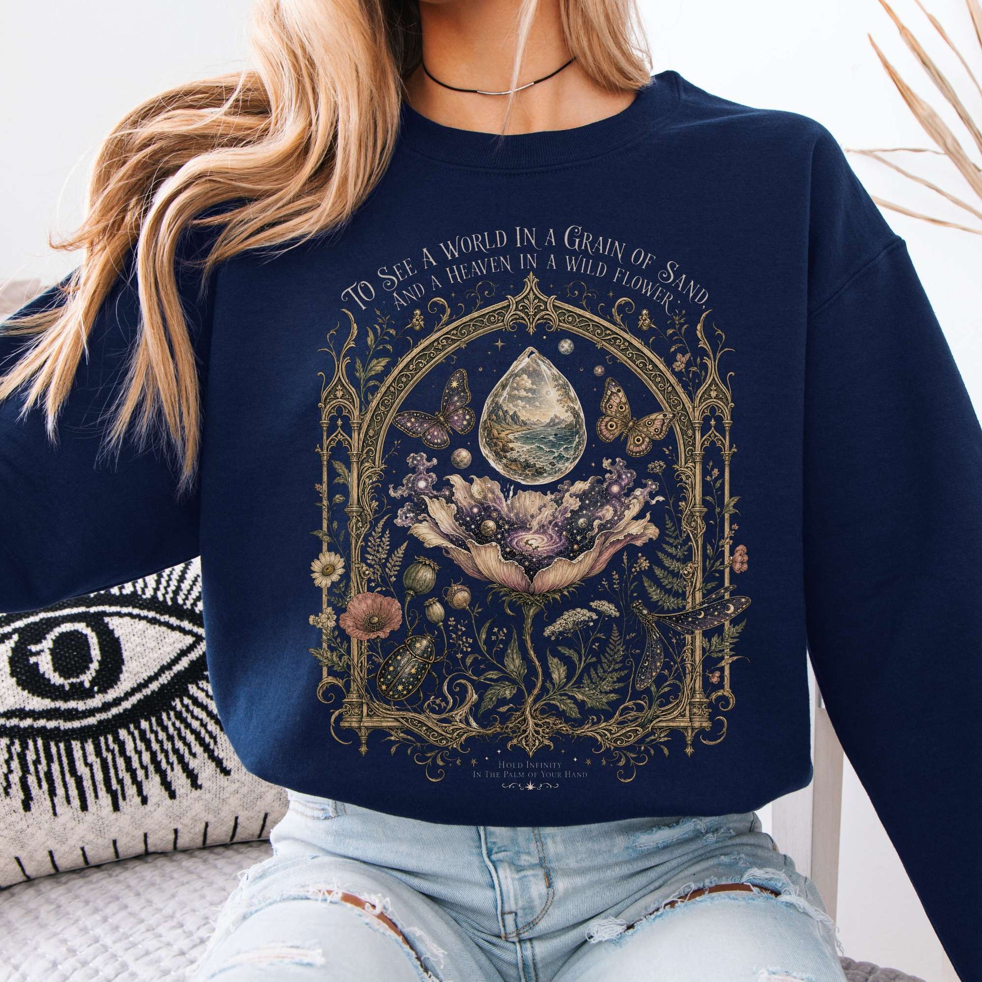 Sweatshirt Navy / S To See a World in a Grain of Sand William Blake Literary Crewneck Sweatshirt The Mystic Eden
