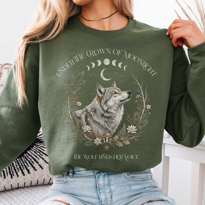 Sweatshirt Military Green / S Under the Crown of Moonlight Wolf Crewneck Sweatshirt The Mystic Eden