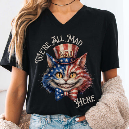 V-neck Black / S We're All Mad Here America 250 Cheshire Cat V-Neck The Mystic Eden