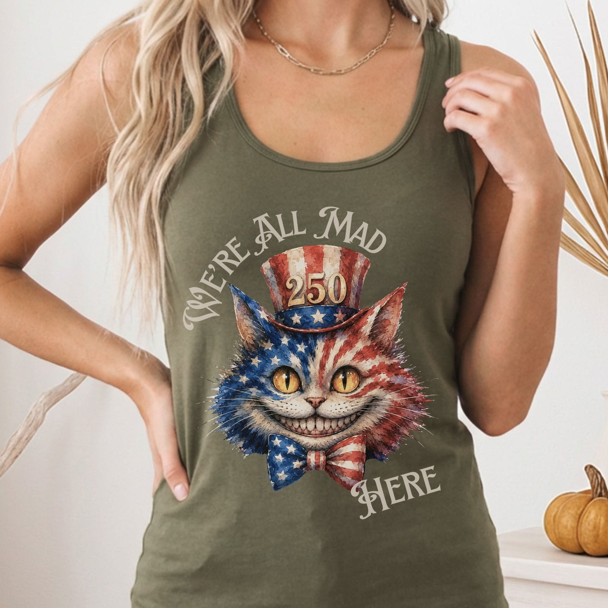 Tank Top Solid Military Green / XS We're All Mad Here America 250 Cheshire Cat Women's Lightweight Tank Top The Mystic Eden
