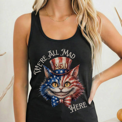Tank Top Solid Black / XS We're All Mad Here America 250 Cheshire Cat Women's Lightweight Tank Top The Mystic Eden