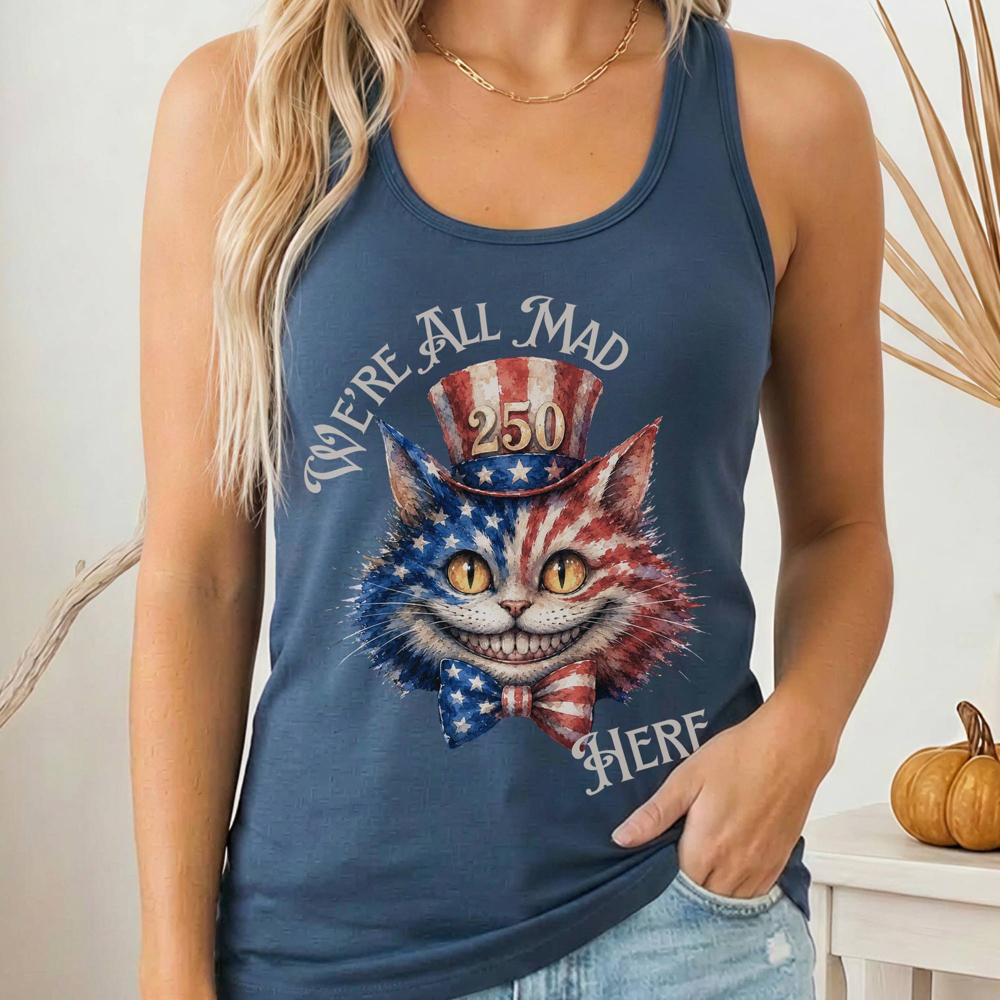 Tank Top Solid Indigo / XS We're All Mad Here America 250 Cheshire Cat Women's Lightweight Tank Top The Mystic Eden