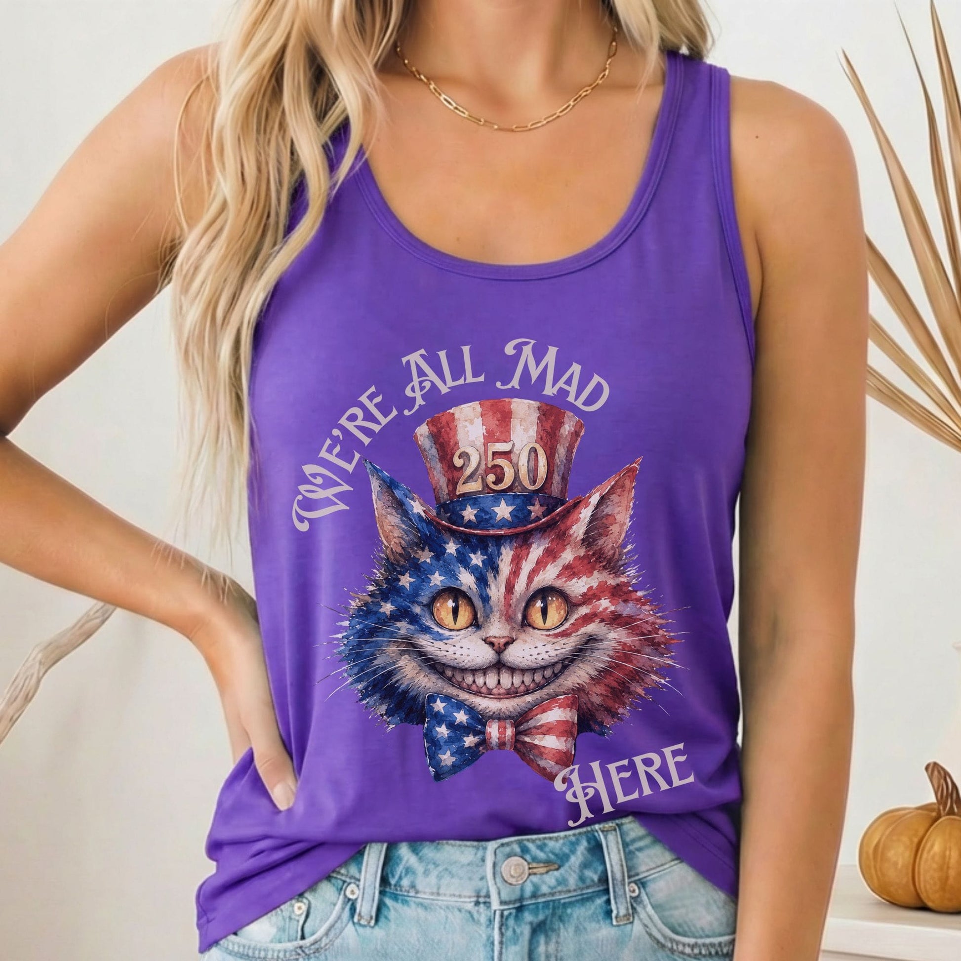 Tank Top Solid Purple Rush / XS We're All Mad Here America 250 Cheshire Cat Women's Lightweight Tank Top The Mystic Eden
