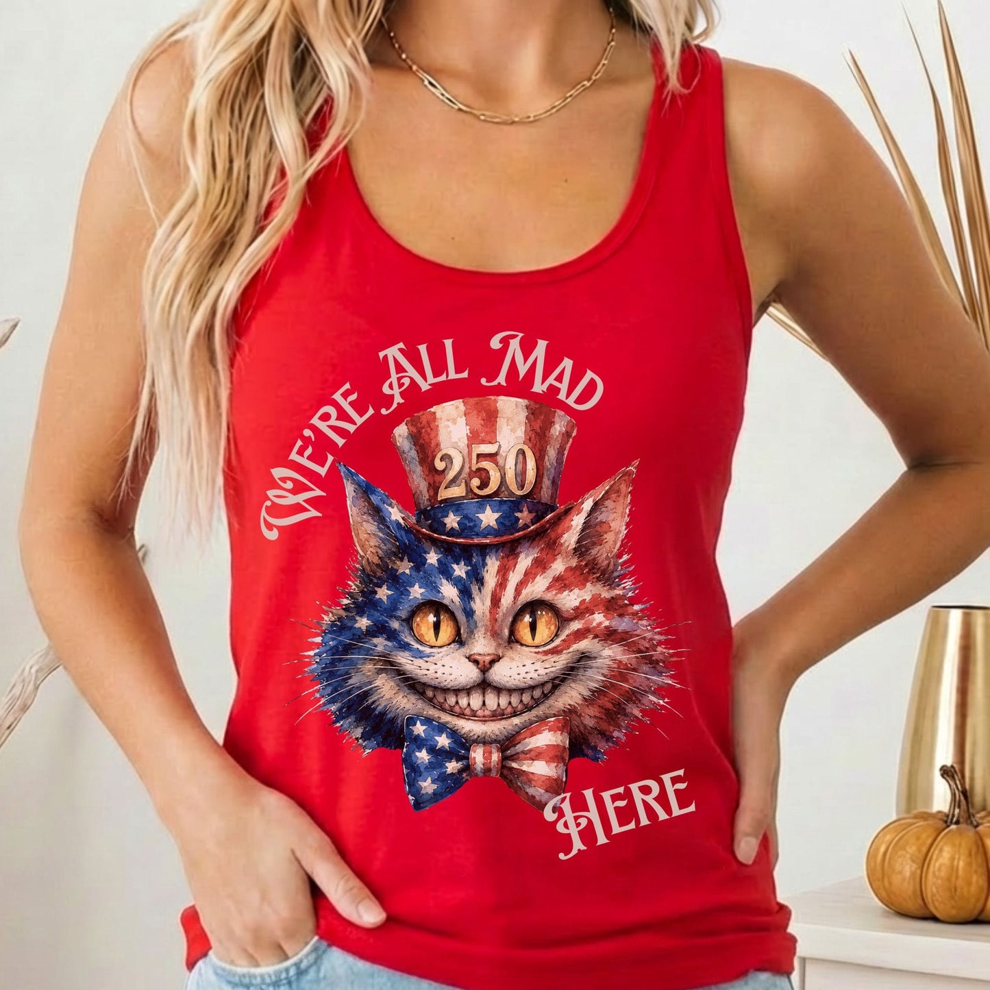 Tank Top Solid Red / XS We're All Mad Here America 250 Cheshire Cat Women's Lightweight Tank Top The Mystic Eden
