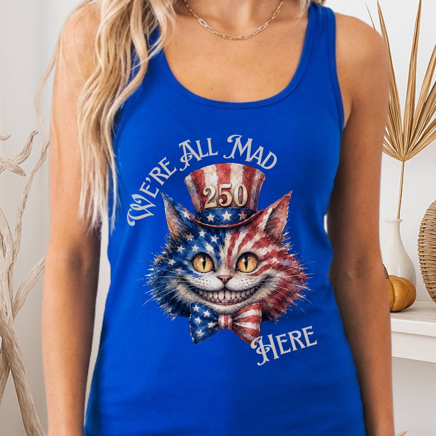 Tank Top Solid Royal / XS We're All Mad Here America 250 Cheshire Cat Women's Lightweight Tank Top The Mystic Eden
