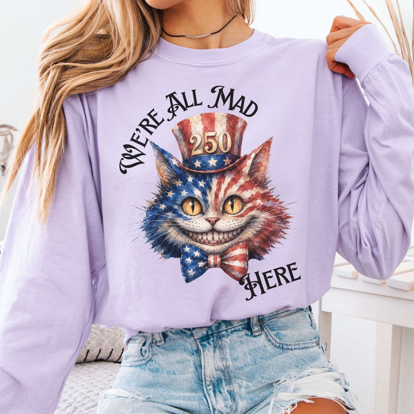 Long-sleeve Orchid / S We're All Mad Here America 250 Cheshire Cat Long Sleeve The Mystic Eden