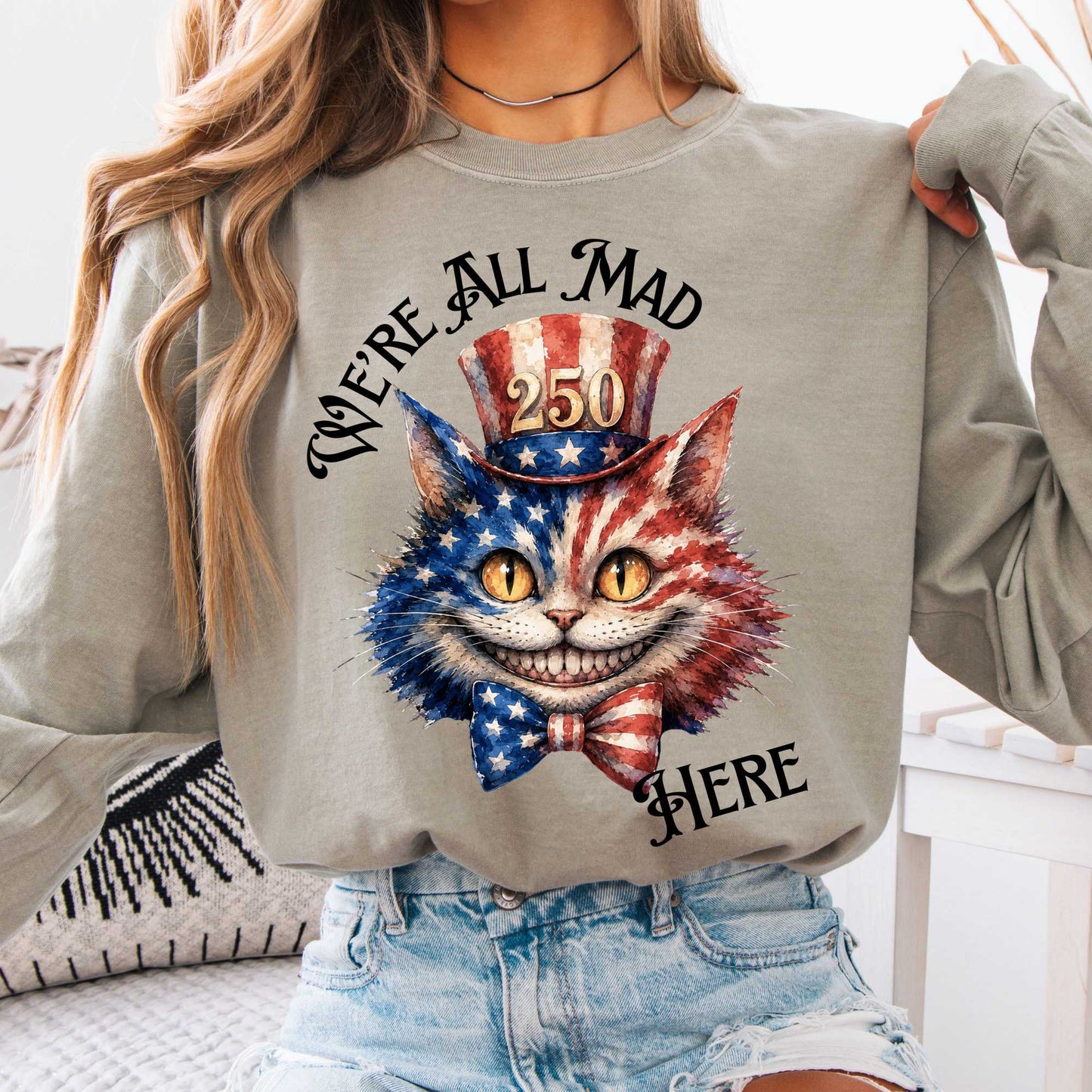 Long-sleeve Sandstone / S We're All Mad Here America 250 Cheshire Cat Long Sleeve The Mystic Eden