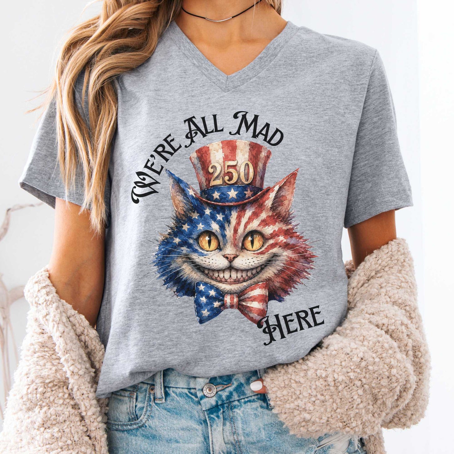 V-neck Athletic Heather / S We're All Mad Here America 250 Cheshire Cat V-Neck The Mystic Eden