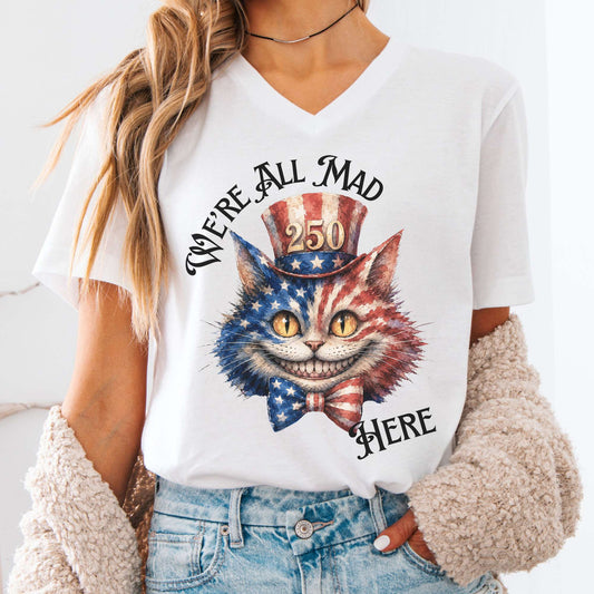 V-neck White / S We're All Mad Here America 250 Cheshire Cat V-Neck The Mystic Eden
