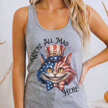 Tank Top Heather Grey / XS We're All Mad Here America 250 Cheshire Cat Women's Lightweight Tank Top The Mystic Eden