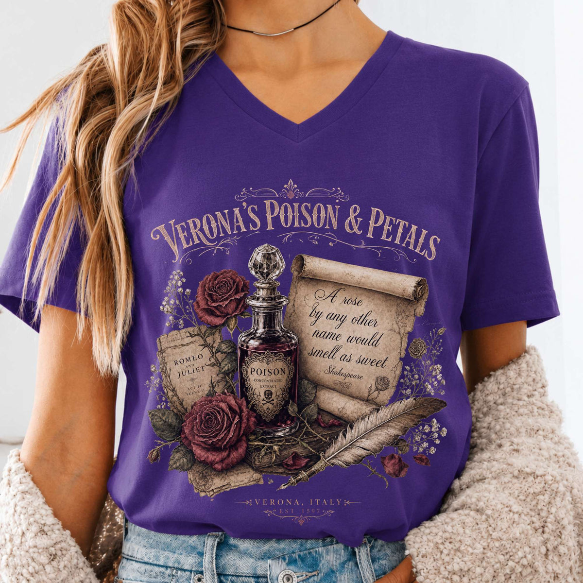 Shakespeare's Verona's Poison & Petals Romeo & Juliet V-Neck