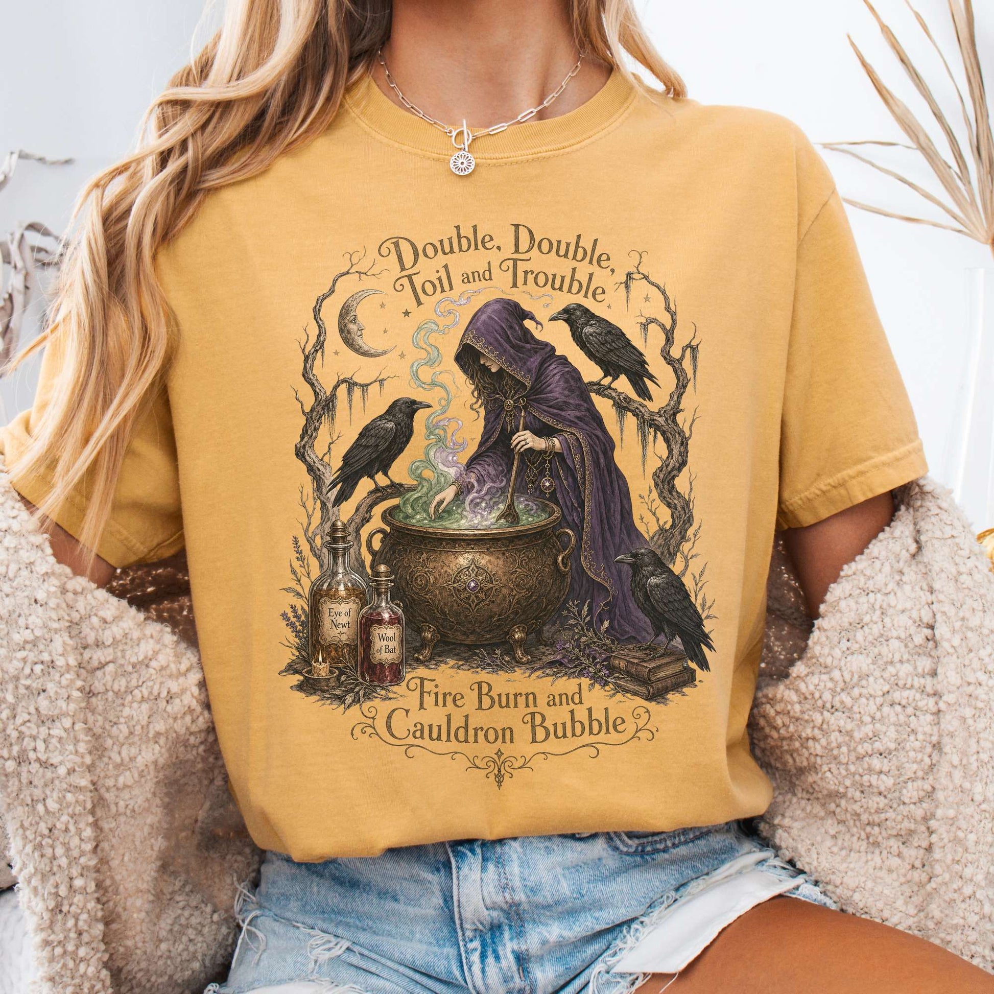 T-Shirt Mustard / S Double Double Toil and Trouble Macbeth Witch Shakespeare T-Shirt The Mystic Eden