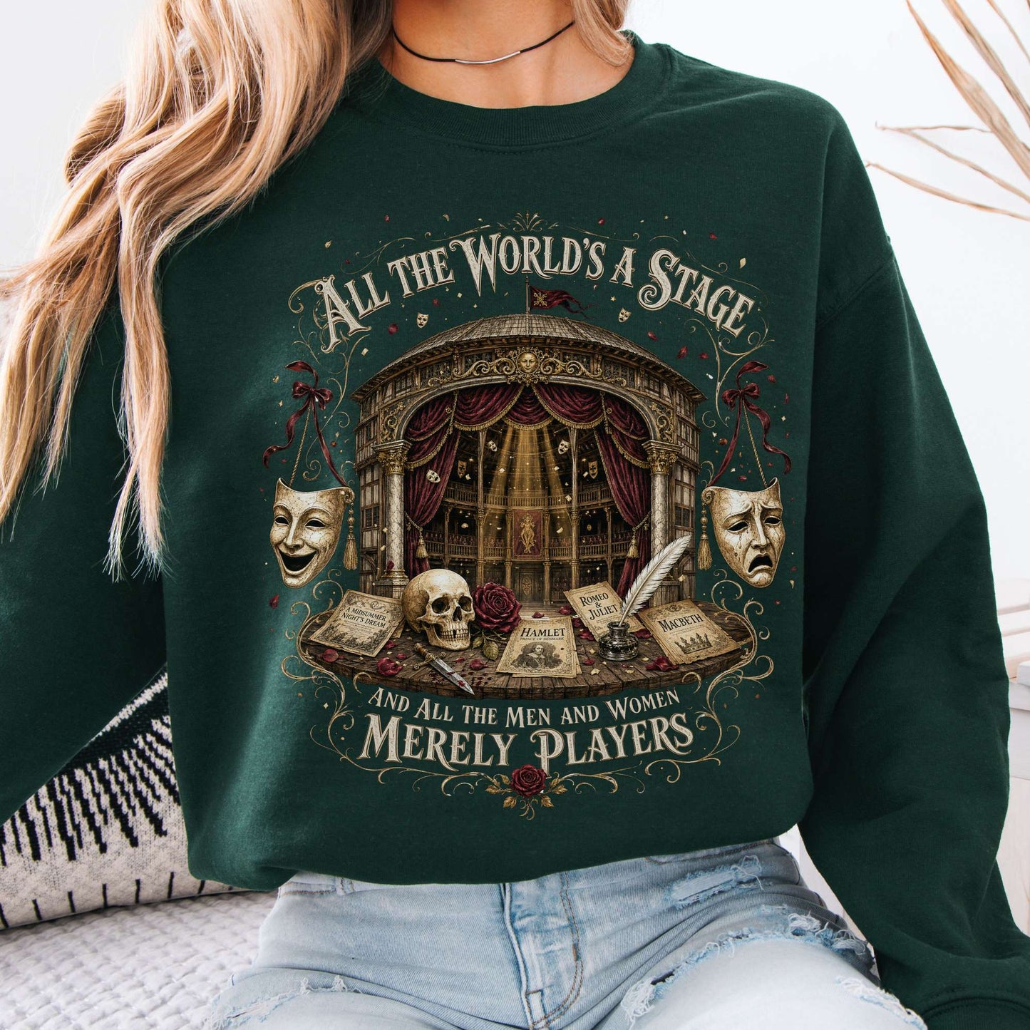 Sweatshirt Forest Green / S All the World's a Stage Shakespeare Crewneck Sweatshirt The Mystic Eden