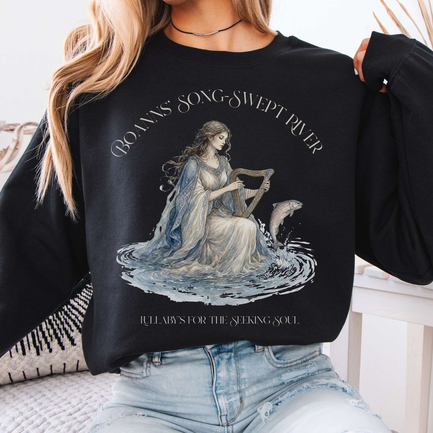 Sweatshirt Black / S Boann's Song-Swept River Celtic Mythology Crewneck Sweatshirt The Mystic Eden