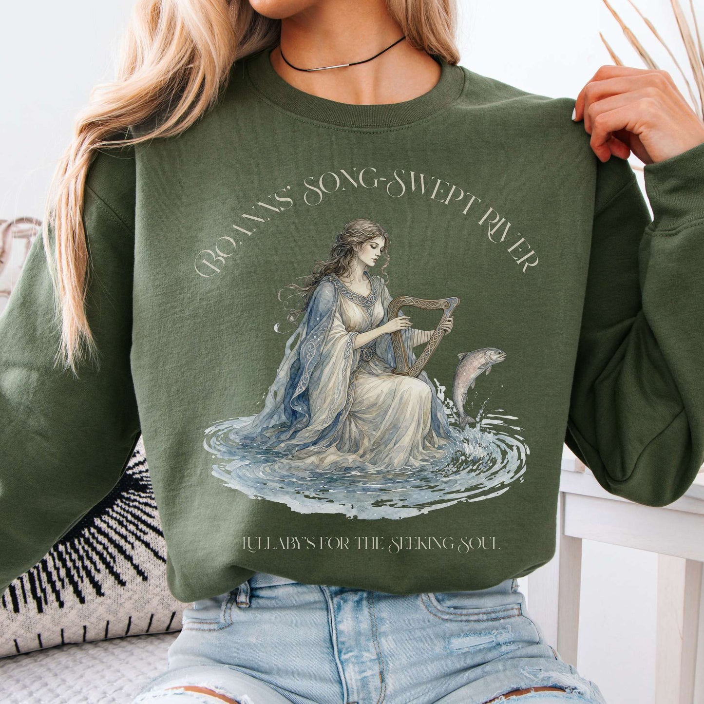 Sweatshirt Military Green / S Boann's Song-Swept River Celtic Mythology Crewneck Sweatshirt The Mystic Eden