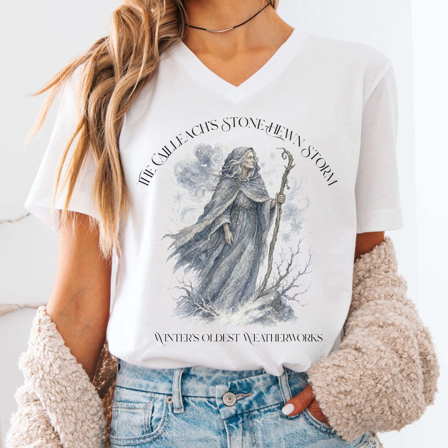 V-neck White / S The Cailleach's Stone-Hewn Storm Irish Mythology V-Neck The Mystic Eden