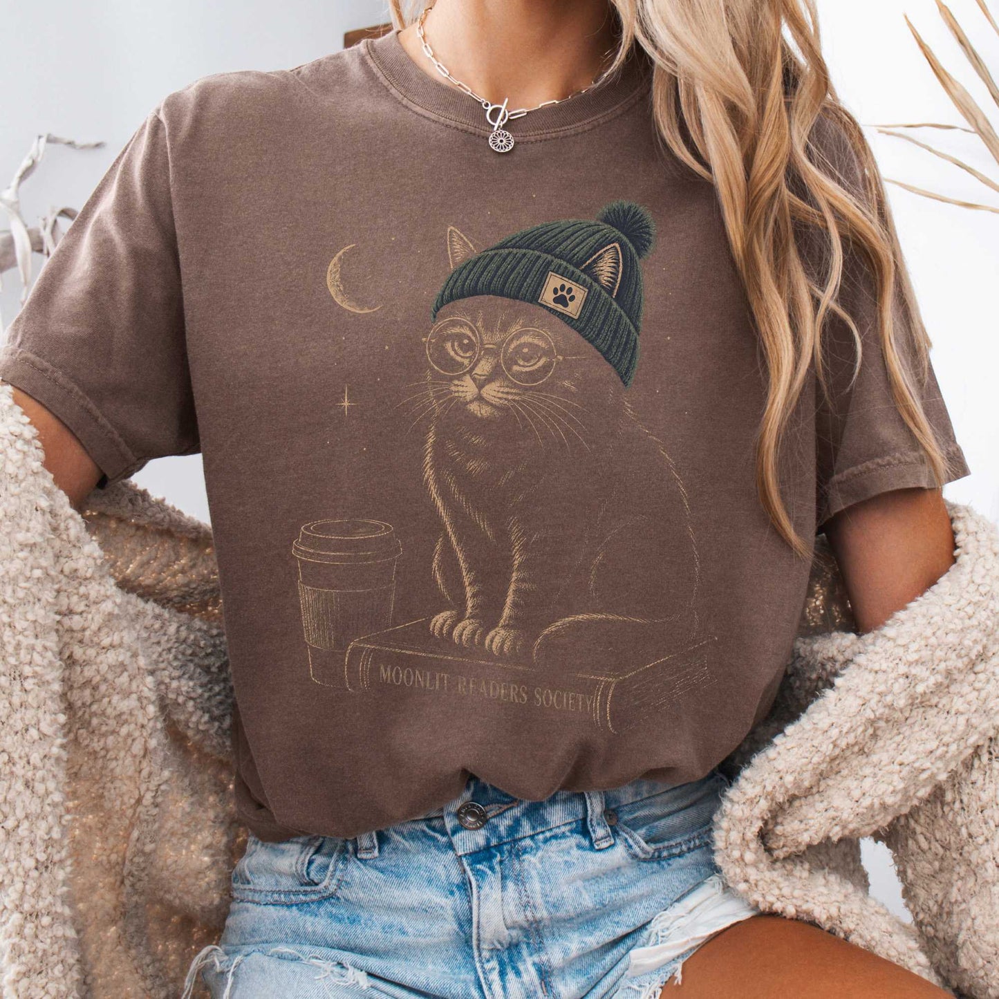 T-Shirt Espresso / S Moonlit Readers Society Cat T-Shirt The Mystic Eden