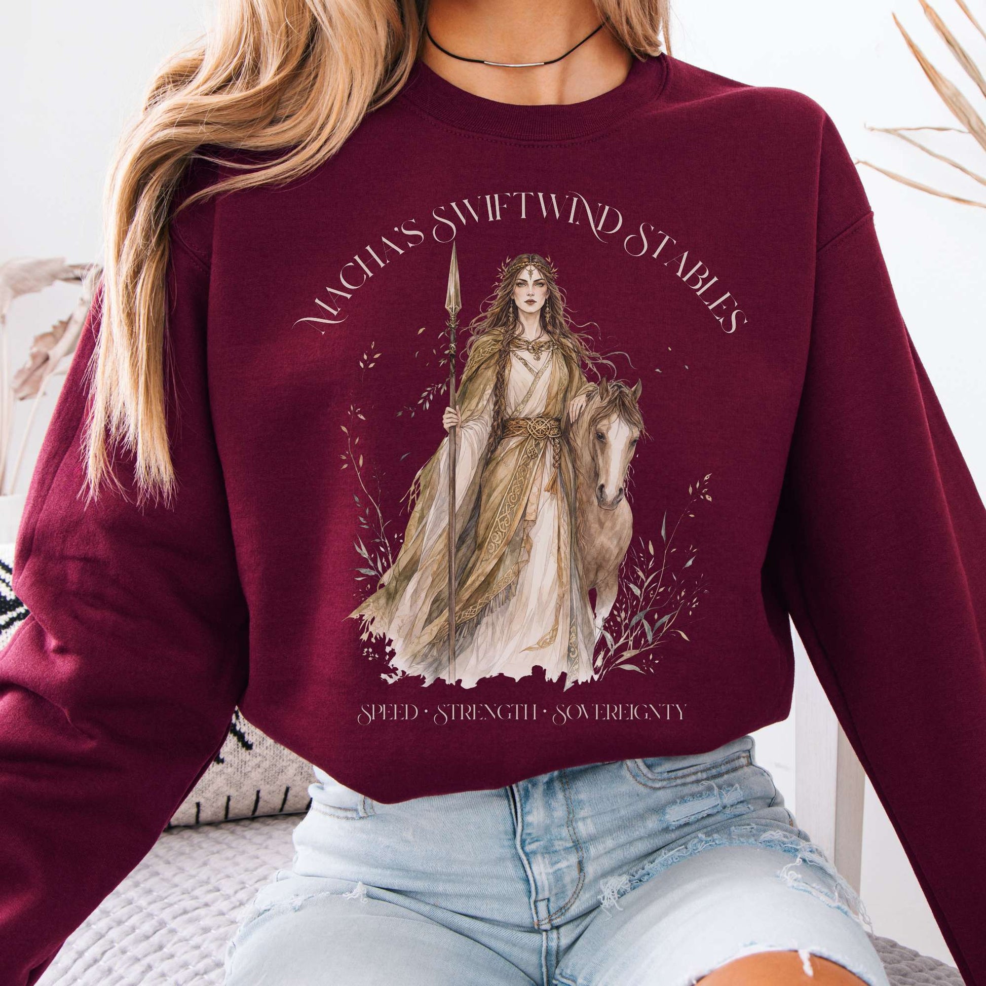 Sweatshirt Maroon / S Macha's Swiftwind Stables Irish Mythology Crewneck Sweatshirt The Mystic Eden