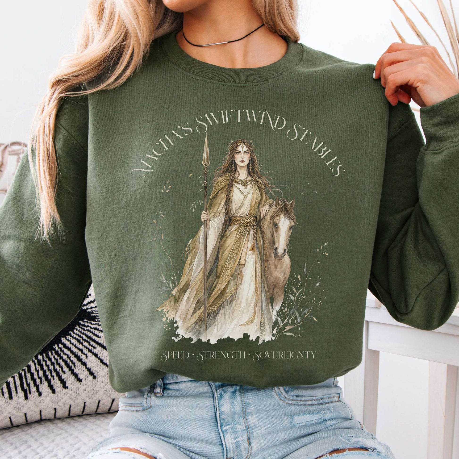 Sweatshirt Military Green / S Macha's Swiftwind Stables Irish Mythology Crewneck Sweatshirt The Mystic Eden