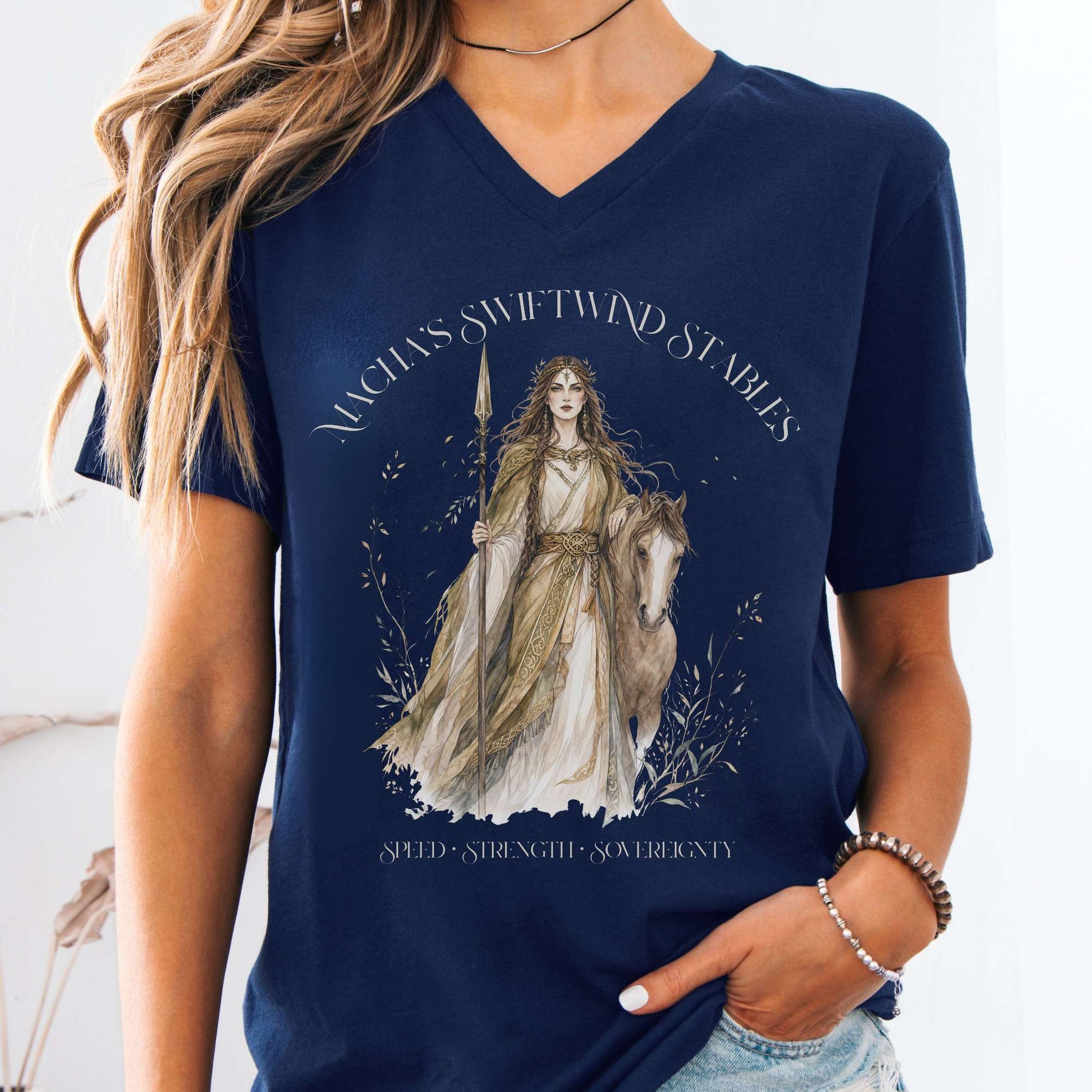 V-neck Navy / S Macha's Swiftwind Stables Irish Mythology V-Neck The Mystic Eden