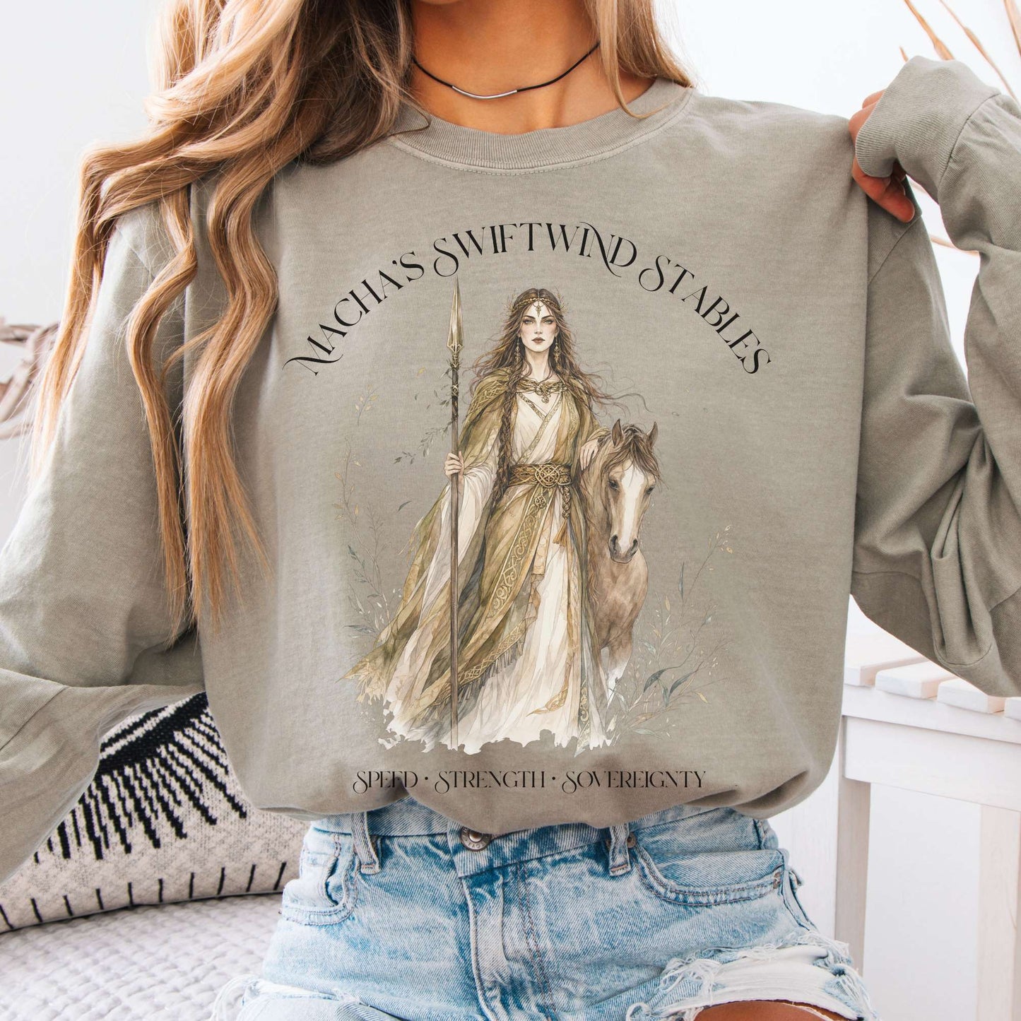 Long-sleeve Sandstone / S Macha's Swiftwind Stables Irish Mythology Long Sleeve The Mystic Eden