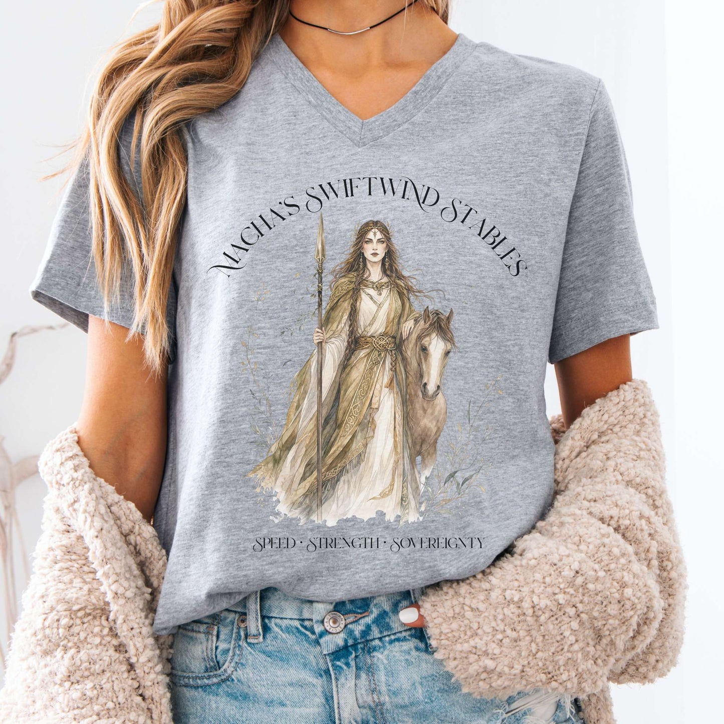 V-neck Athletic Heather / S Macha's Swiftwind Stables Irish Mythology V-Neck The Mystic Eden