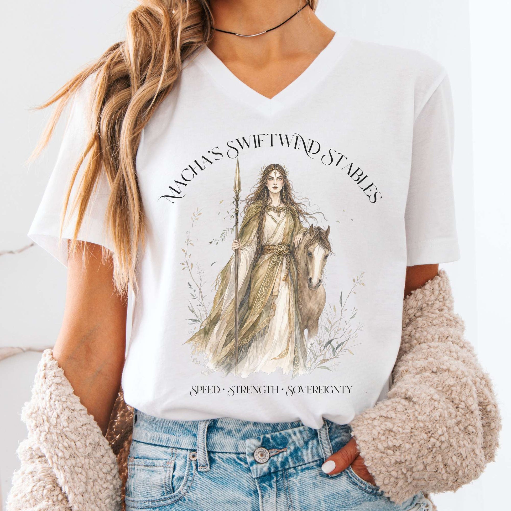 V-neck White / S Macha's Swiftwind Stables Irish Mythology V-Neck The Mystic Eden