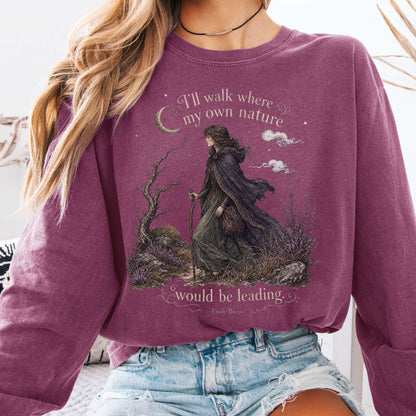 Long-sleeve Berry / S I'll Walk Where My Own Nature Emily Brontë Literary Long Sleeve The Mystic Eden