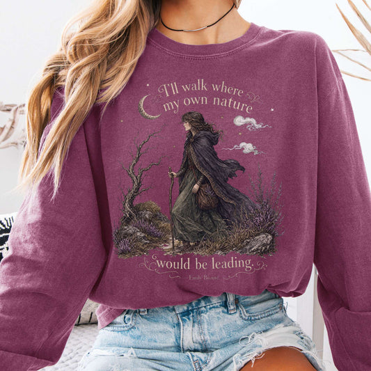Long-sleeve Berry / S I'll Walk Where My Own Nature Emily Brontë Literary Long Sleeve The Mystic Eden