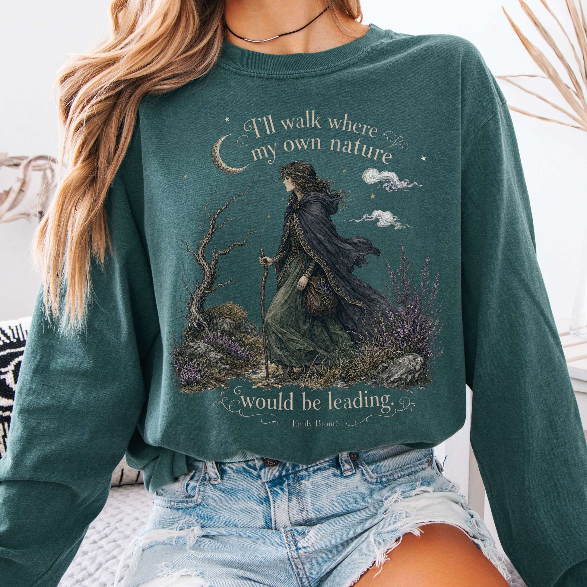 Long-sleeve Blue Spruce / S I'll Walk Where My Own Nature Emily Brontë Literary Long Sleeve The Mystic Eden