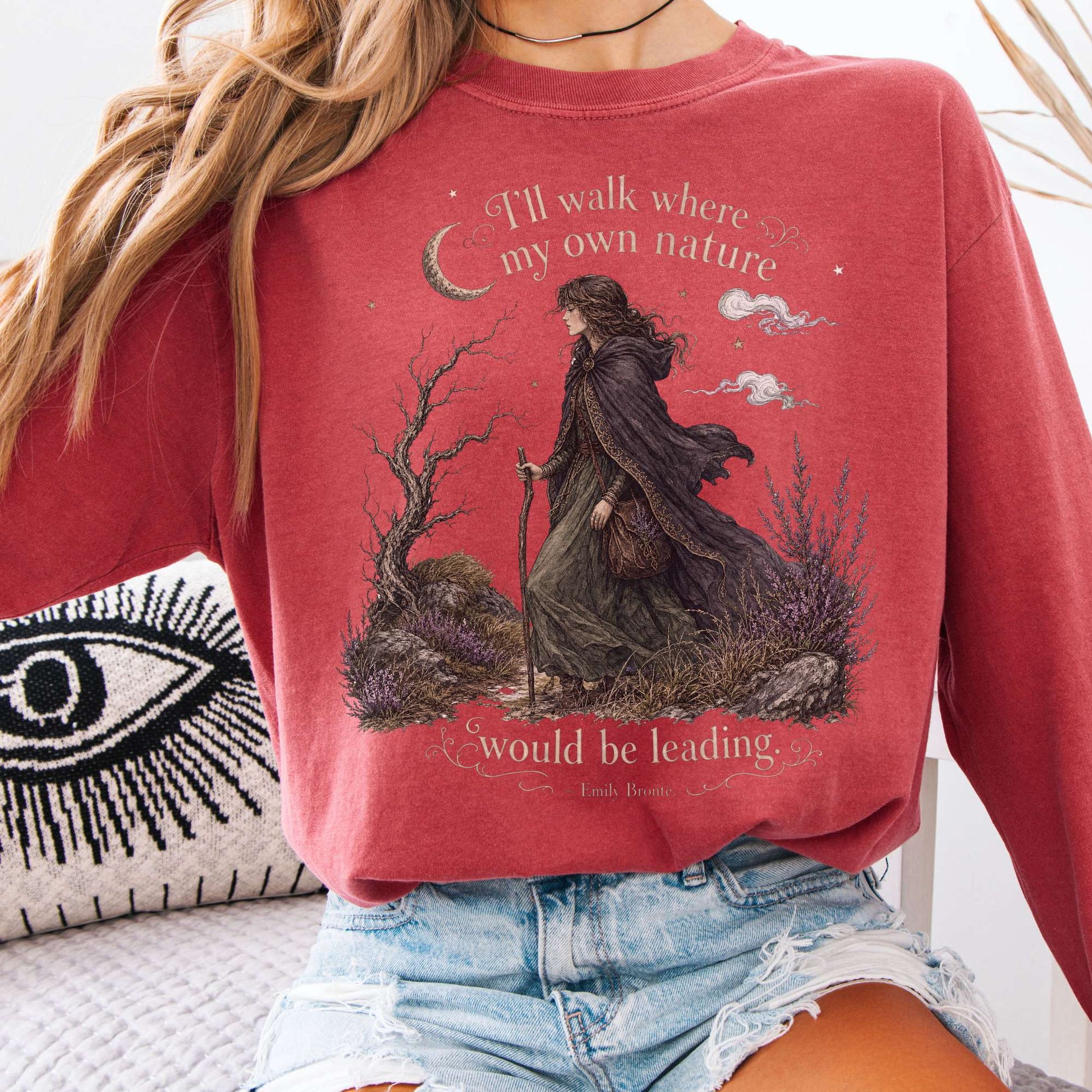 Long-sleeve Crimson / S I'll Walk Where My Own Nature Emily Brontë Literary Long Sleeve The Mystic Eden