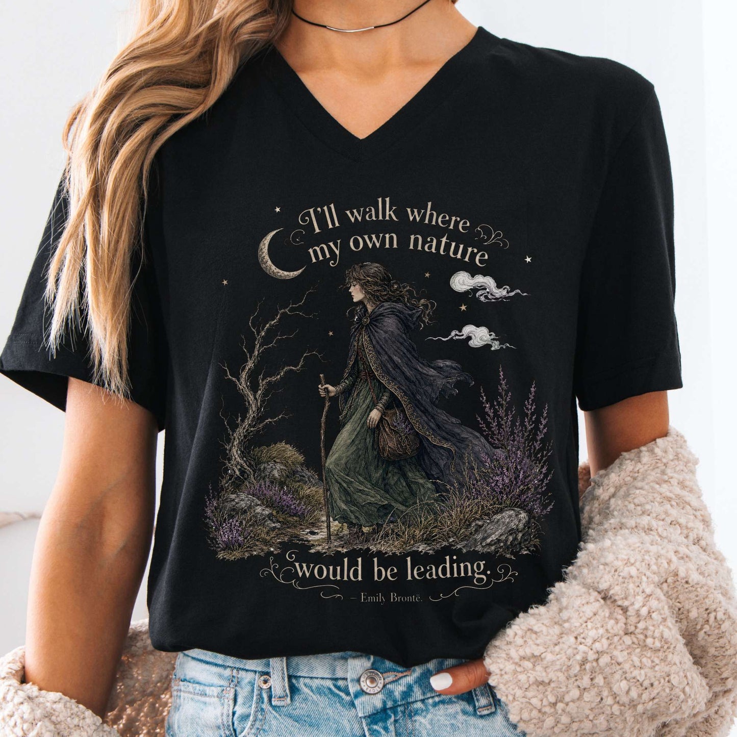 V-neck Black / S I'll Walk Where My Own Nature Emily Brontë Literary V-Neck The Mystic Eden