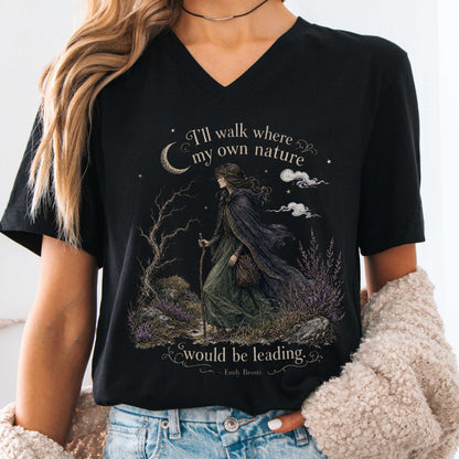 V-neck Black / S I'll Walk Where My Own Nature Emily Brontë Literary V-Neck The Mystic Eden