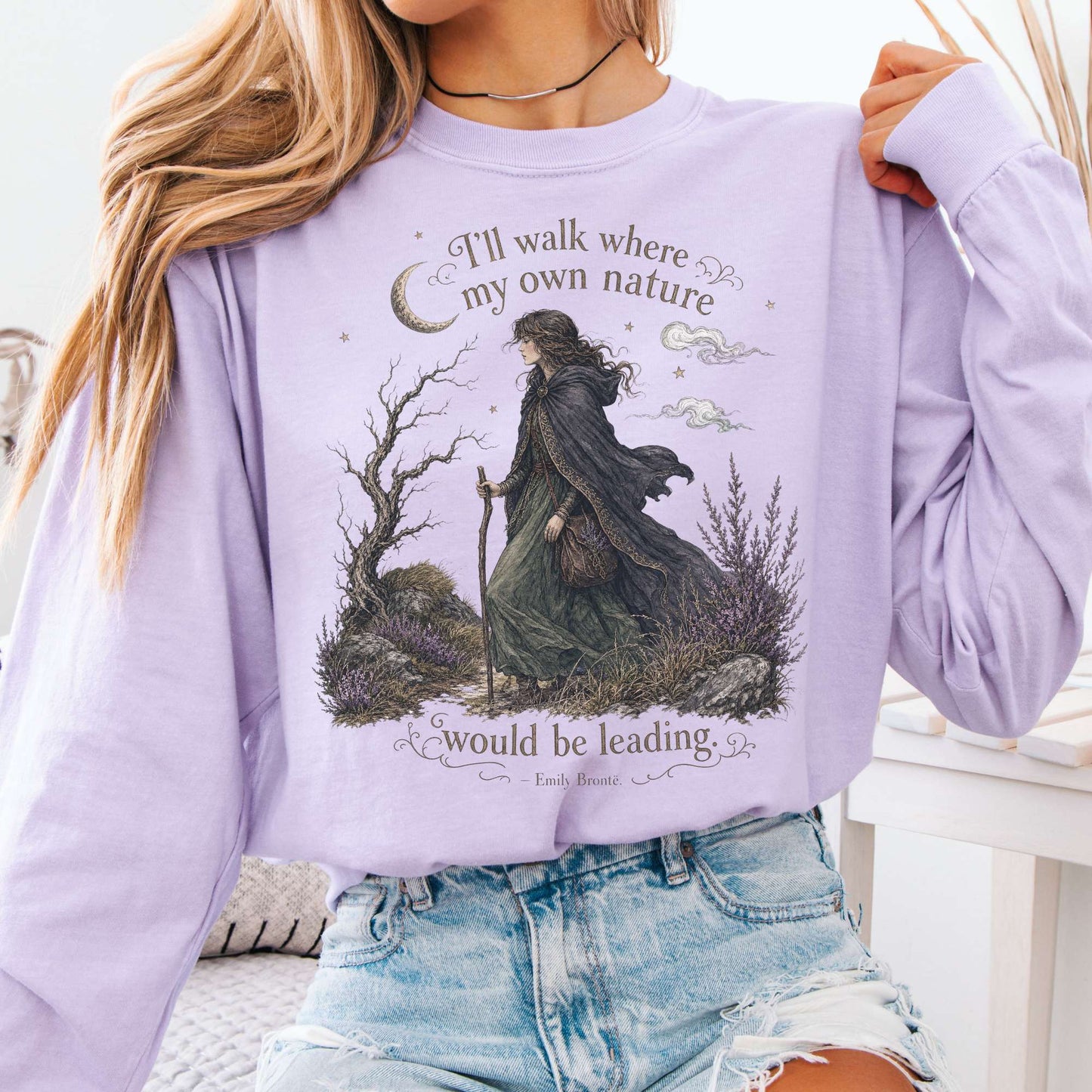 Long-sleeve Orchid / S I'll Walk Where My Own Nature Emily Brontë Literary Long Sleeve The Mystic Eden