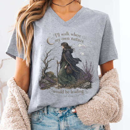 V-neck Athletic Heather / S I'll Walk Where My Own Nature Emily Brontë Literary V-Neck The Mystic Eden