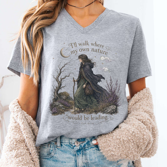 V-neck Athletic Heather / S I'll Walk Where My Own Nature Emily Brontë Literary V-Neck The Mystic Eden