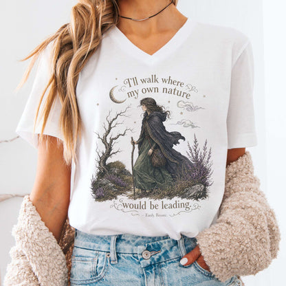 V-neck White / S I'll Walk Where My Own Nature Emily Brontë Literary V-Neck The Mystic Eden
