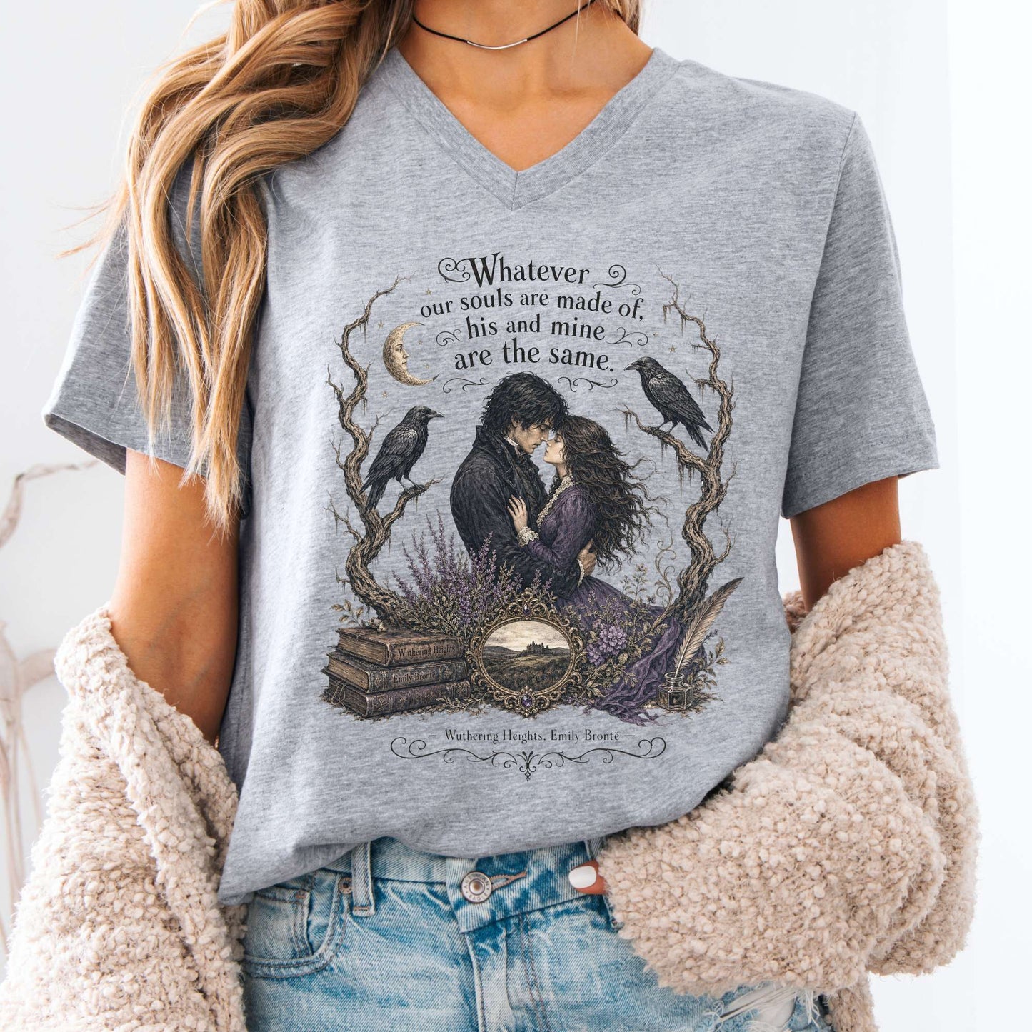 V-neck Athletic Heather / S Whatever Our Souls Are Made of Wuthering Heights Emily Brontë Literary V-Neck The Mystic Eden