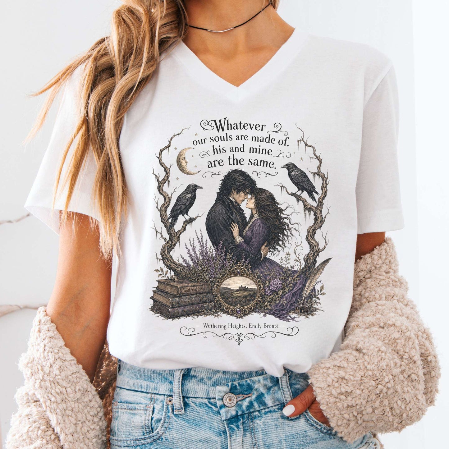V-neck White / S Whatever Our Souls Are Made of Wuthering Heights Emily Brontë Literary V-Neck The Mystic Eden