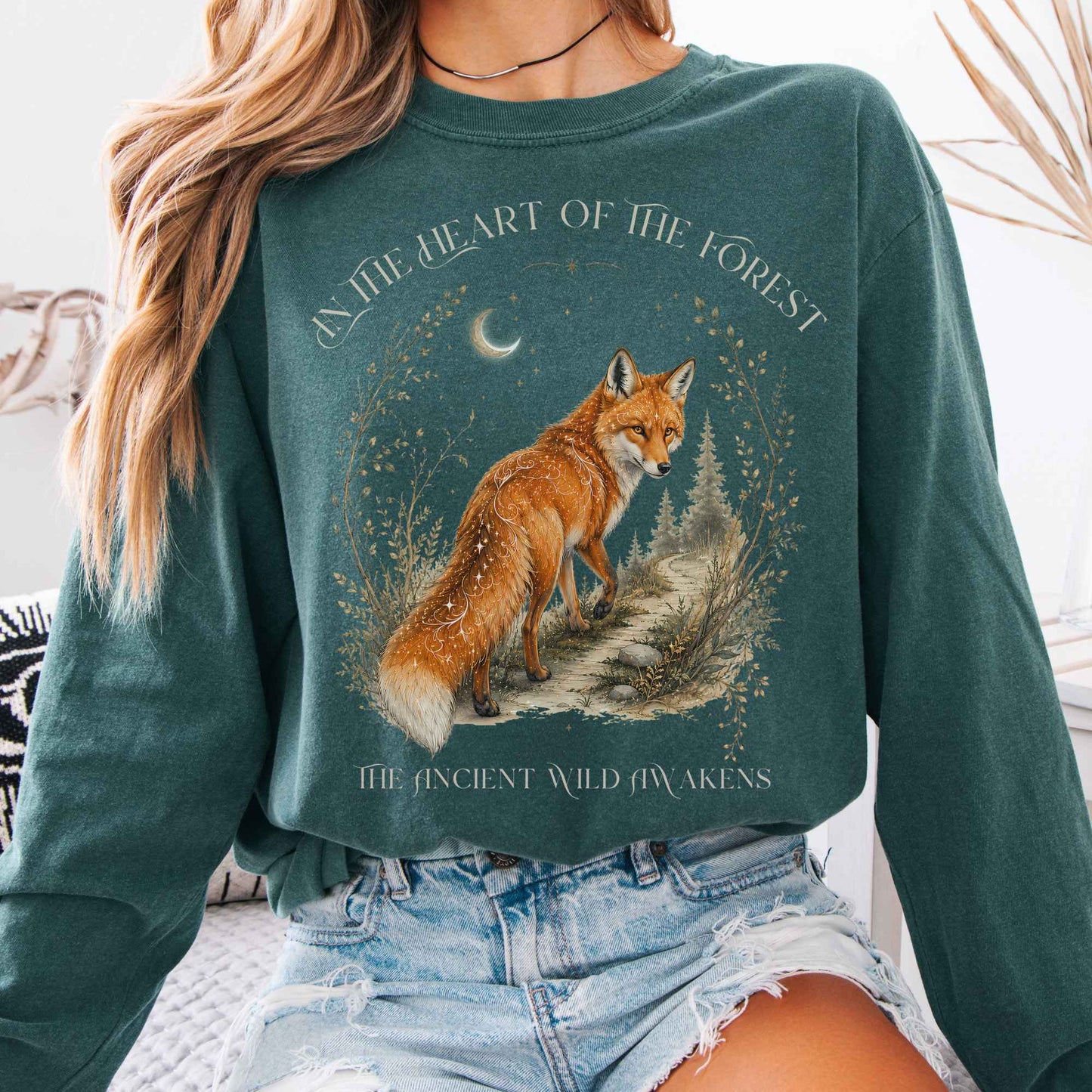 Long-sleeve Blue Spruce / S In the Heart of the Forest The Ancient Wild Awakens Fox Long Sleeve The Mystic Eden