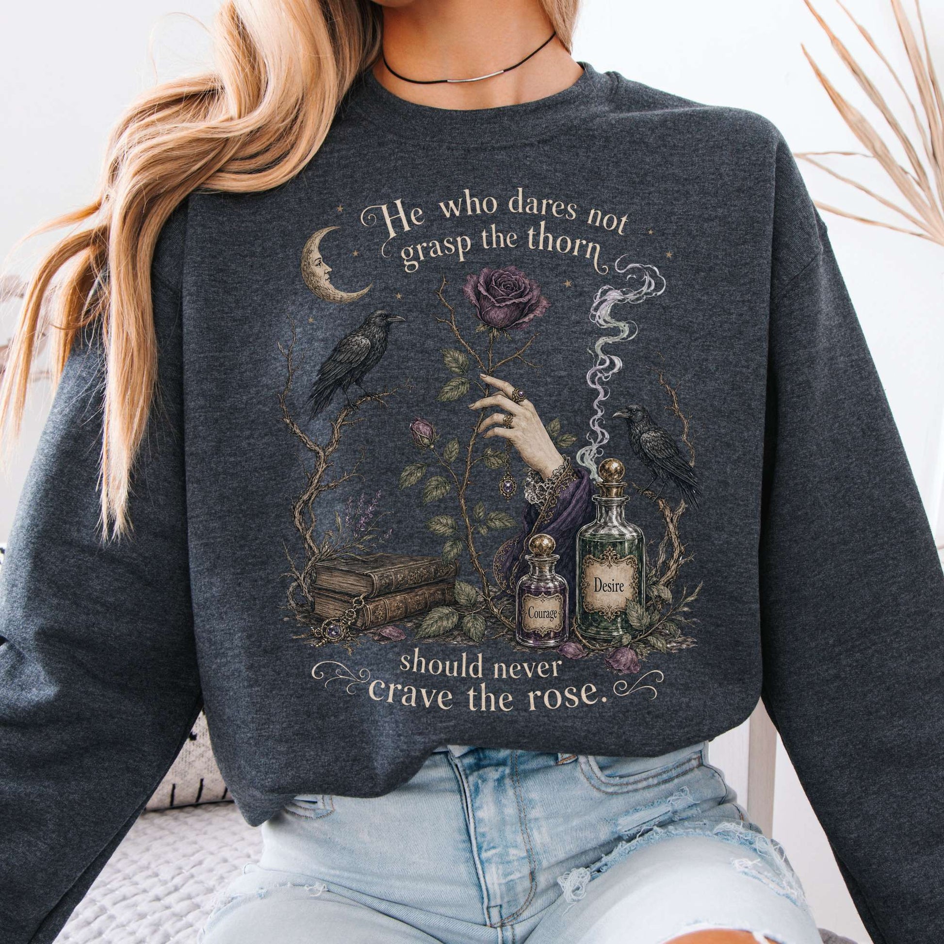 Sweatshirt Dark Heather / S He Who Dares Not Grasp the Thorn Anne Brontë Literary Crewneck Sweatshirt The Mystic Eden