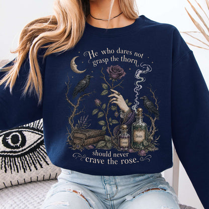 Sweatshirt Navy / S He Who Dares Not Grasp the Thorn Anne Brontë Literary Crewneck Sweatshirt The Mystic Eden