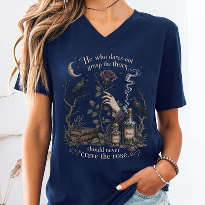 V-neck Navy / S He Who Dares Not Grasp the Thorn Anne Brontë Literary V-Neck The Mystic Eden