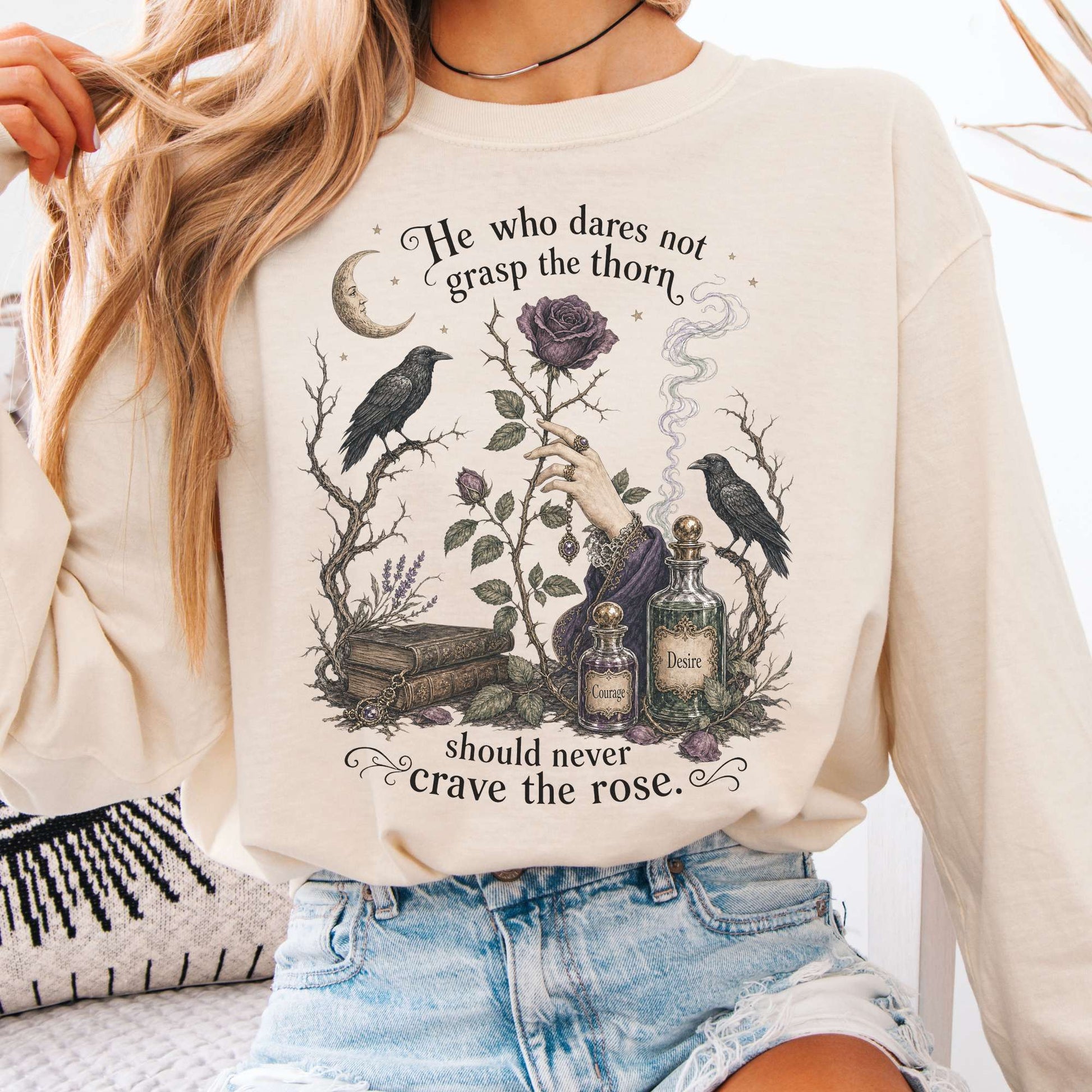 Long-sleeve Ivory / S He Who Dares Not Grasp the Thorn Anne Brontë Literary Long Sleeve The Mystic Eden