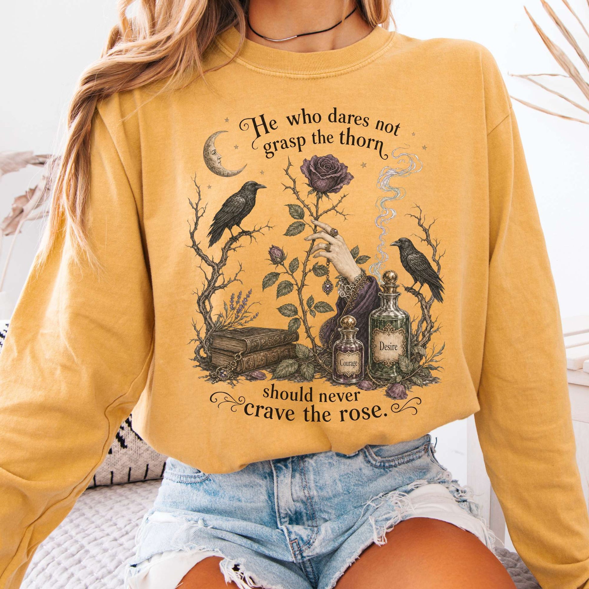 Long-sleeve Mustard / S He Who Dares Not Grasp the Thorn Anne Brontë Literary Long Sleeve The Mystic Eden
